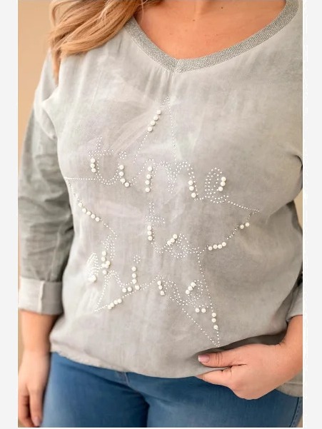 Dámska blúzka Plus Size s nápisom a perlami, khaki