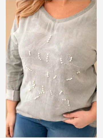 Dámska blúzka Plus Size s nápisom a perlami, khaki