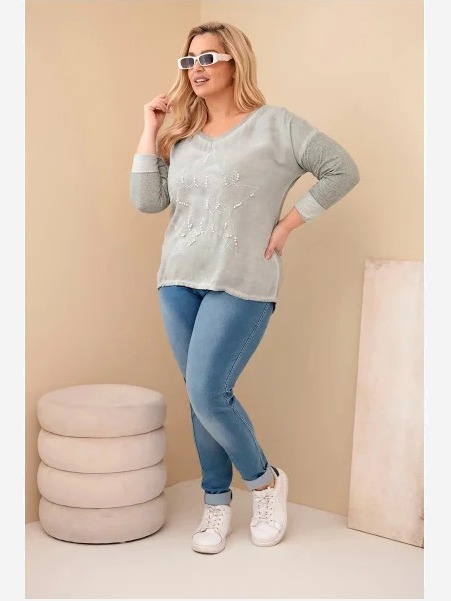 Dámska blúzka Plus Size s nápisom a perlami, khaki