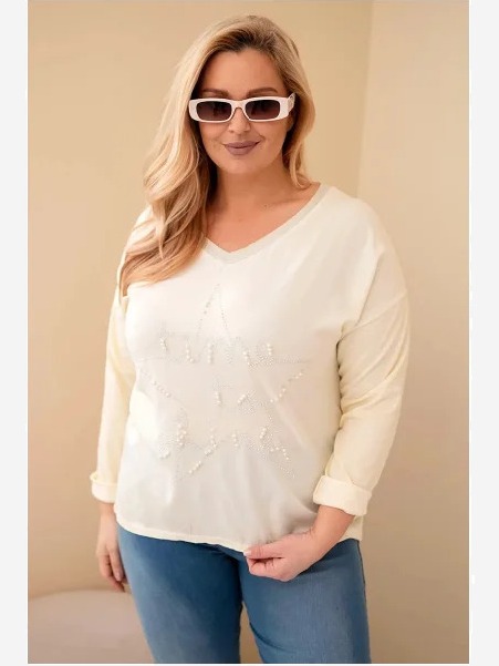 Dámska blúzka Plus Size s potlačou a perličkami žltý