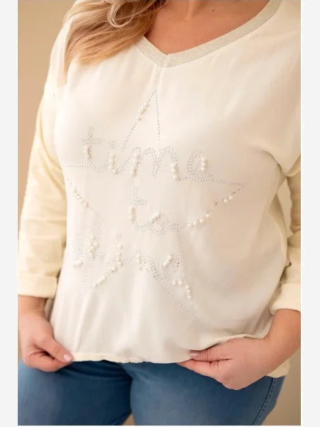 Dámska blúzka Plus Size s potlačou a perličkami žltý