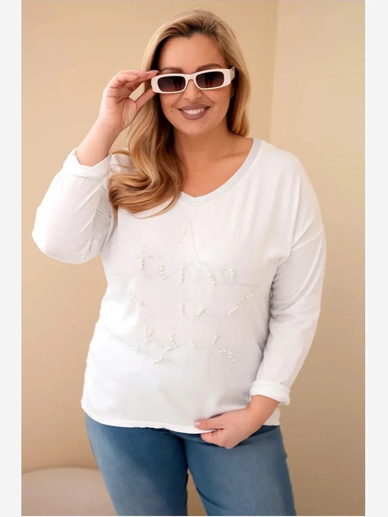Dámska blúzka Plus Size s potlačou a perličkami biela