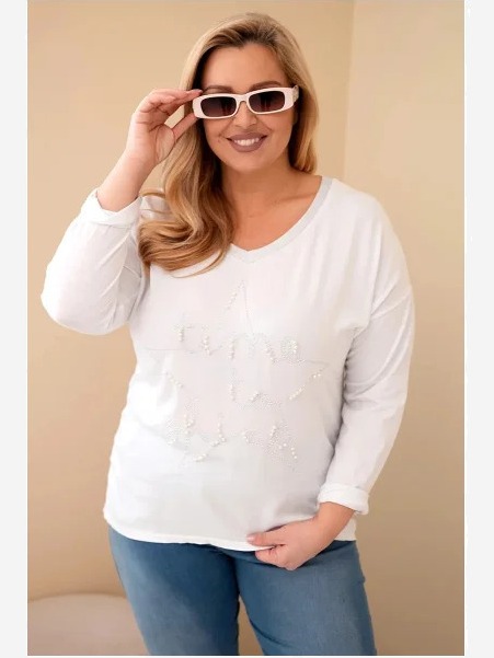 Dámska blúzka Plus Size s potlačou a perličkami biela
