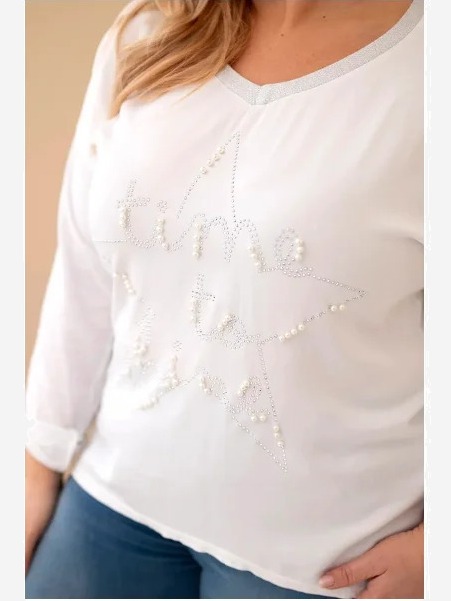 Dámska blúzka Plus Size s potlačou a perličkami biela