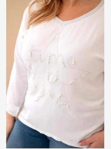 Dámska blúzka Plus Size s potlačou a perličkami biela