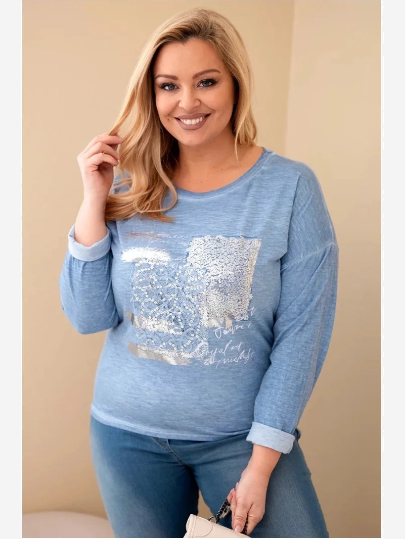 Dámska blúzka Plus Size s potlačou a dlhším zadným dielom, riflová