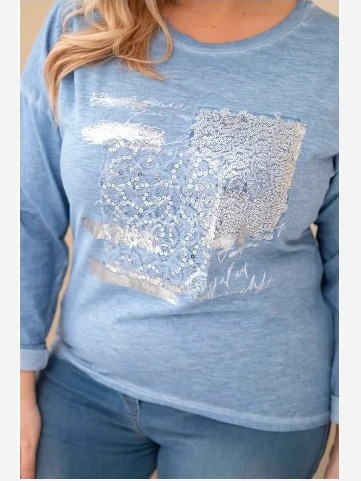 Dámska blúzka Plus Size s potlačou a dlhším zadným dielom, riflová