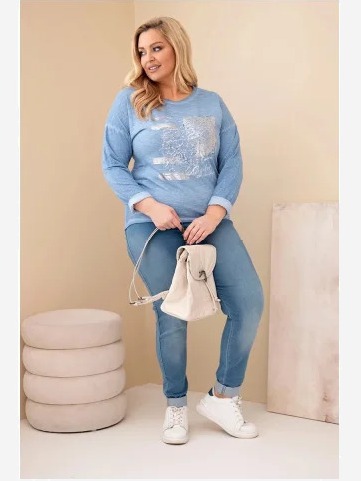 Dámska blúzka Plus Size s potlačou a dlhším zadným dielom, riflová