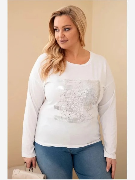 Dámska blúzka Plus Size s potlačou a dlhším zadným dielom biela