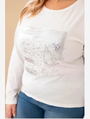 Dámska blúzka Plus Size s potlačou a dlhším zadným dielom biela
