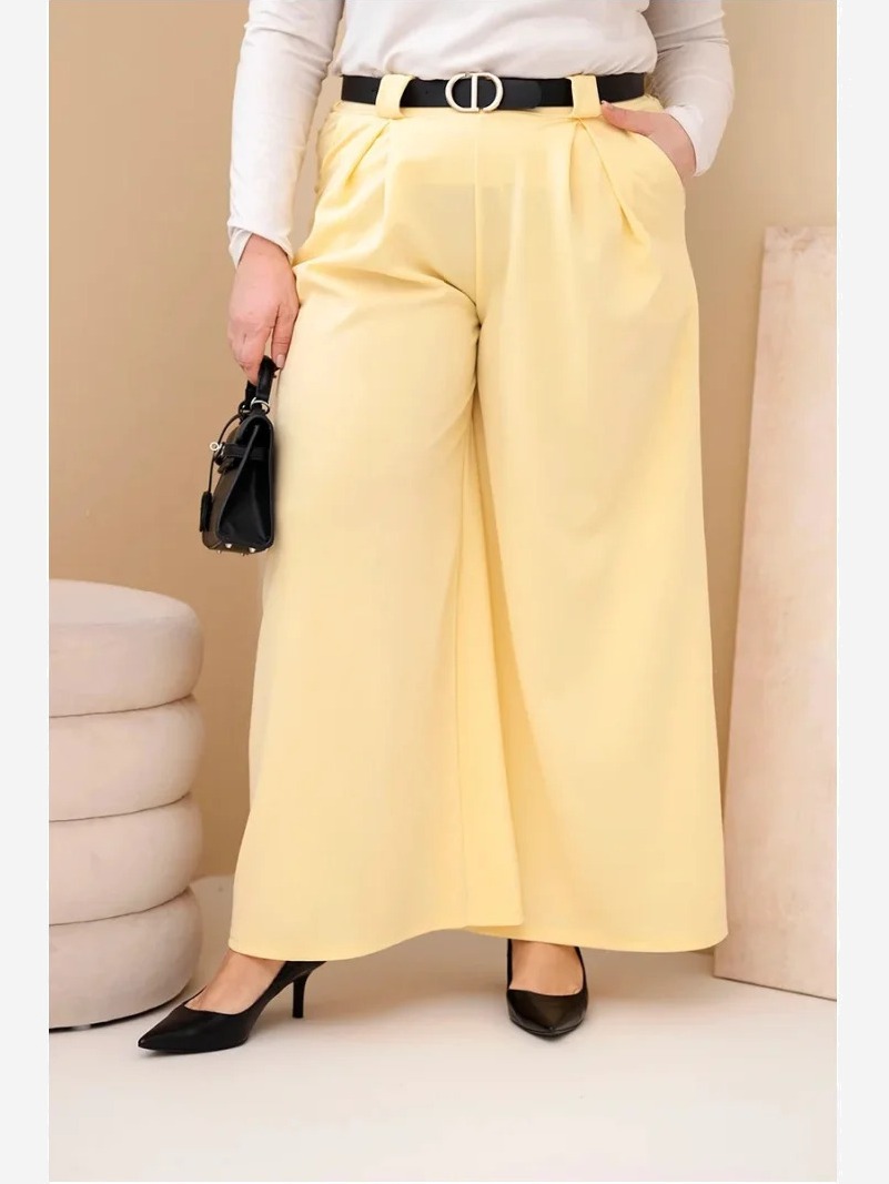 Dámske nohavice Plus Size viskózové so širokým nohavicom a pásom žlté