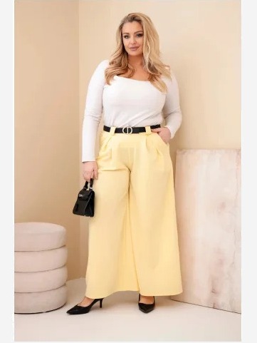 Dámske nohavice Plus Size viskózové so širokým nohavicom a pásom žlté