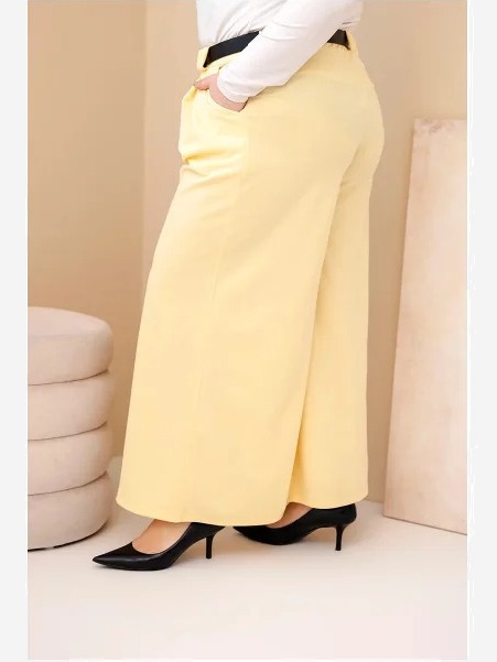 Dámske nohavice Plus Size viskózové so širokým nohavicom a pásom žlté