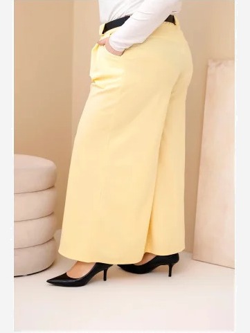 Dámske nohavice Plus Size viskózové so širokým nohavicom a pásom žlté