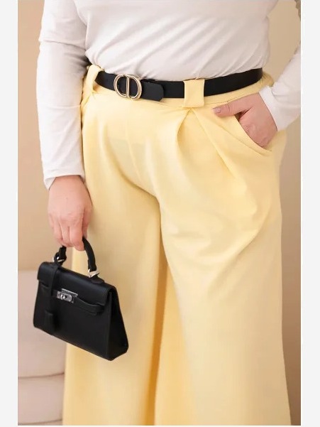 Dámske nohavice Plus Size viskózové so širokým nohavicom a pásom žlté