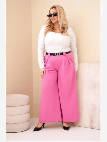 Dámske nohavice Plus Size viskózové so širokým nohavicami a pásom ružové