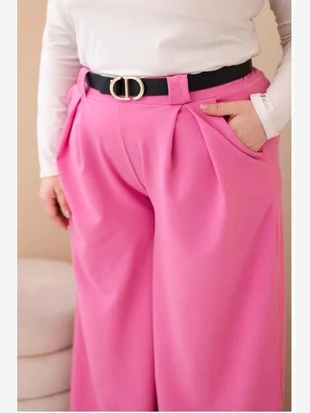 Dámske nohavice Plus Size viskózové so širokým nohavicami a pásom ružové
