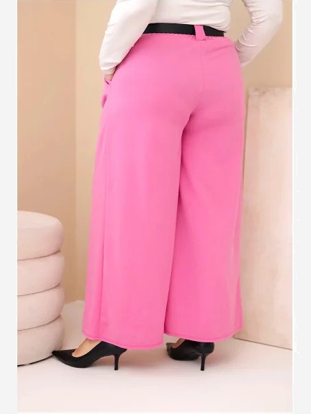 Dámske nohavice Plus Size viskózové so širokým nohavicami a pásom ružové