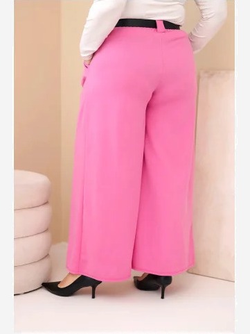 Dámske nohavice Plus Size viskózové so širokým nohavicami a pásom ružové