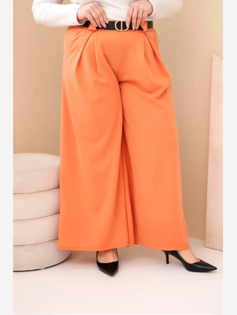 Dámske nohavice Plus Size viskózové so širokým strihom a opaskom marhuľové