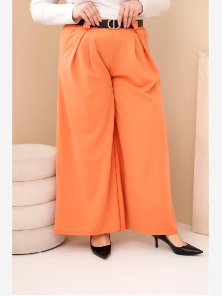 Dámske nohavice Plus Size viskózové so širokým strihom a opaskom marhuľové