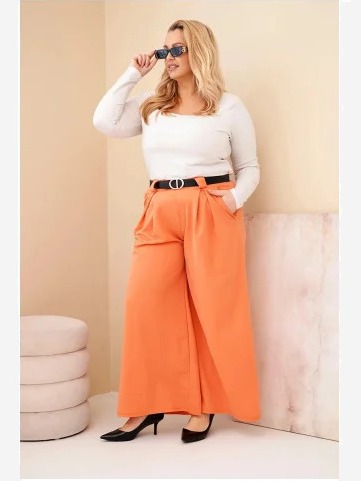 Dámske nohavice Plus Size viskózové so širokým strihom a opaskom marhuľové