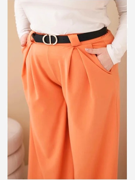 Dámske nohavice Plus Size viskózové so širokým strihom a opaskom marhuľové