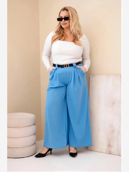 Dámske nohavice Plus Size viskózové so širokým nohavcom a pásom modré