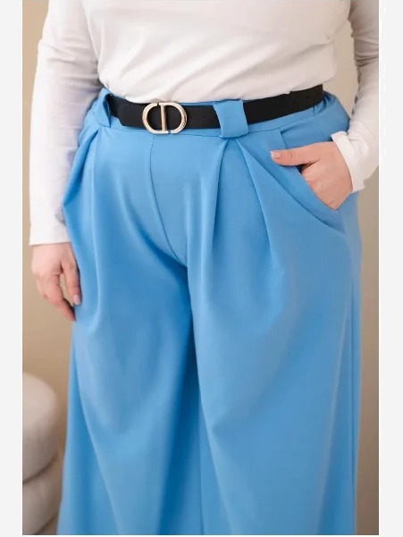 Dámske nohavice Plus Size viskózové so širokým nohavcom a pásom modré