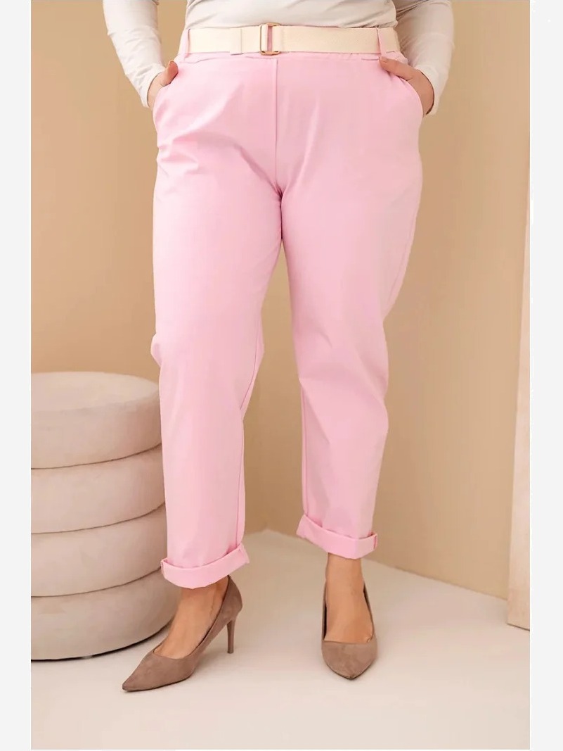 Dámske bavlnené nohavice Plus Size s opaskom svetloružové