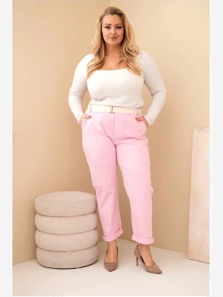 Dámske bavlnené nohavice Plus Size s opaskom svetloružové