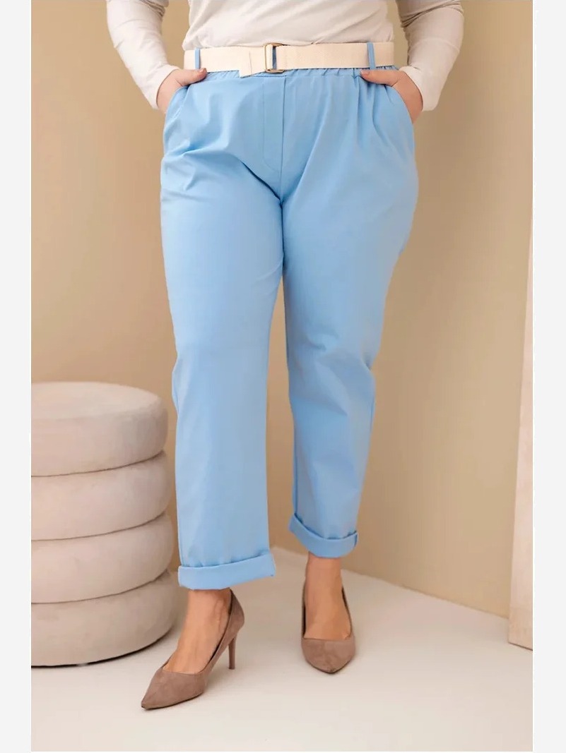 Dámske bavlnené nohavice Plus Size s opaskom modré