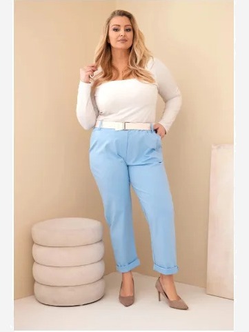 Dámske bavlnené nohavice Plus Size s opaskom modré