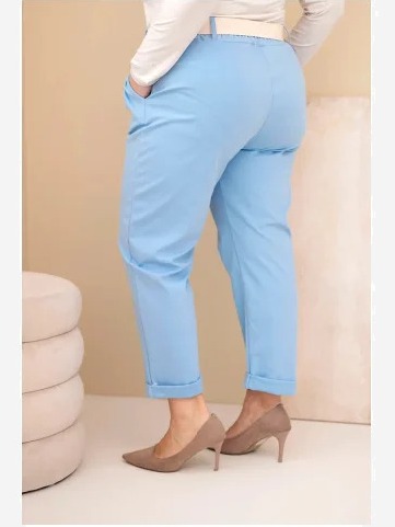 Dámske bavlnené nohavice Plus Size s opaskom modré