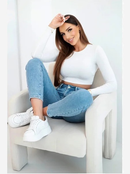 Dámske rifle mom fit s vysokým pásom a jemnými odermi, modré