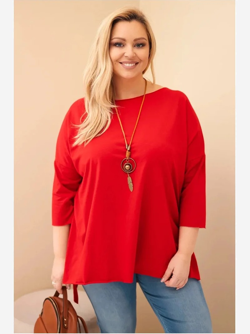 Dámska bavlnená blúzka Plus Size asymetrická s náhrdelníkom červená