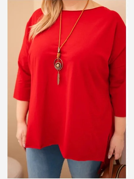 Dámska bavlnená blúzka Plus Size asymetrická s náhrdelníkom červená
