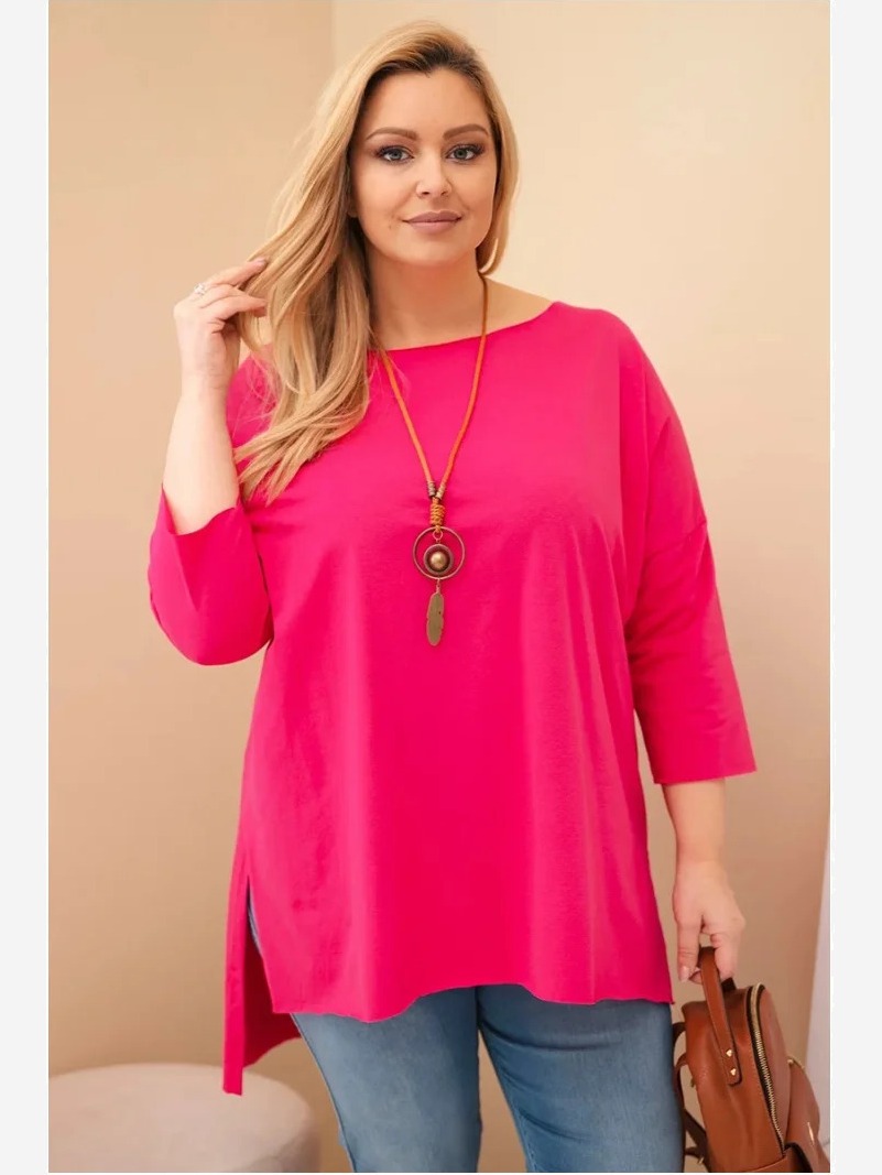 Dámska bavlnená blúzka Plus Size asymetrická s náhrdelníkom fuksia