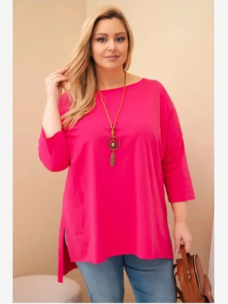 Dámska bavlnená blúzka Plus Size asymetrická s náhrdelníkom fuksia