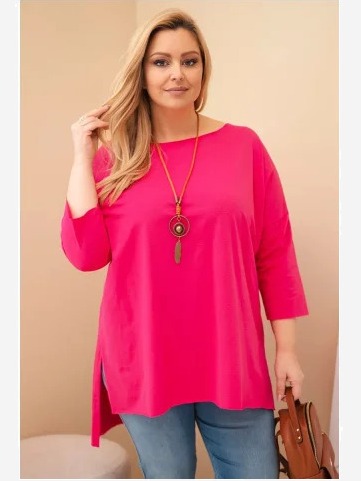 Dámska bavlnená blúzka Plus Size asymetrická s náhrdelníkom fuksia