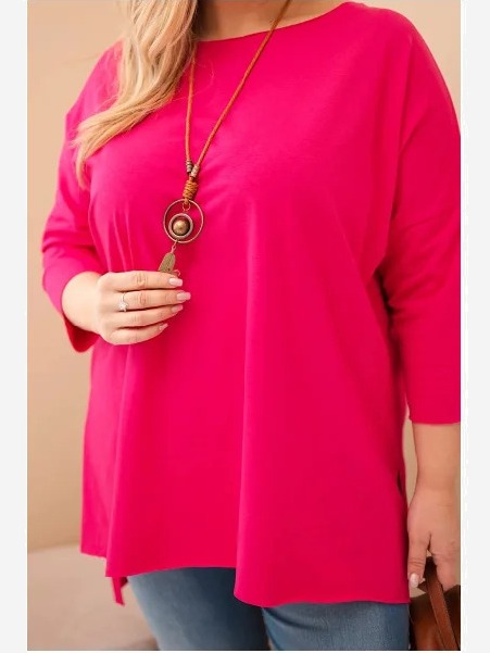 Dámska bavlnená blúzka Plus Size asymetrická s náhrdelníkom fuksia