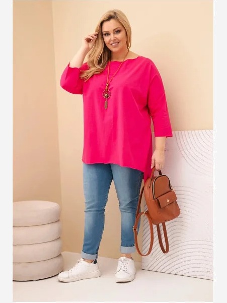 Dámska bavlnená blúzka Plus Size asymetrická s náhrdelníkom fuksia