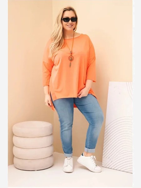 Dámska bavlnená blúzka Plus Size asymetrická s náhrdelníkom marhuľová