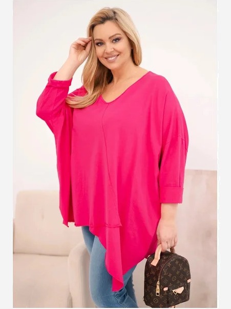 Dámska bavlnená blúzka Plus Size s asymetrickým spodkom a výstrihom do V fuksia