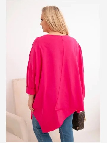 Dámska bavlnená blúzka Plus Size s asymetrickým spodkom a výstrihom do V fuksia