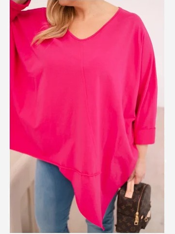 Dámska bavlnená blúzka Plus Size s asymetrickým spodkom a výstrihom do V fuksia