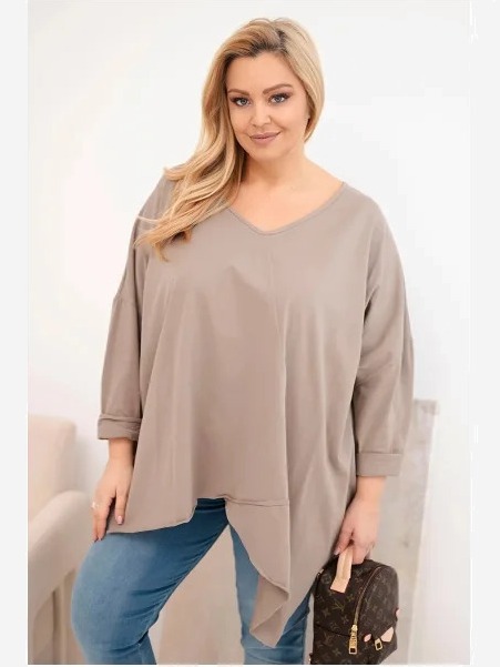 Dámska bavlnená blúzka Plus Size s asymetrickým spodkom a V výstrihom fango