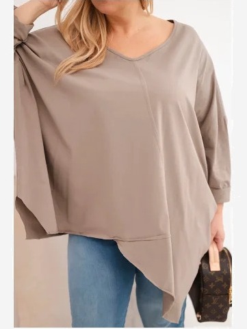Dámska bavlnená blúzka Plus Size s asymetrickým spodkom a V výstrihom fango