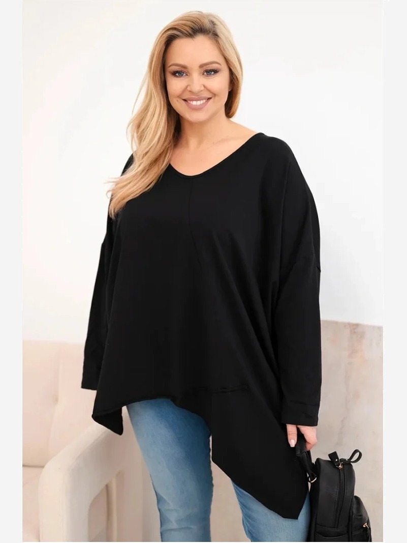 Dámska bavlnená blúzka Plus Size s asymetrickým spodkom a V výstrihom čierna