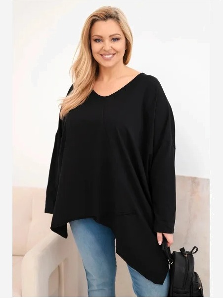 Dámska bavlnená blúzka Plus Size s asymetrickým spodkom a V výstrihom čierna